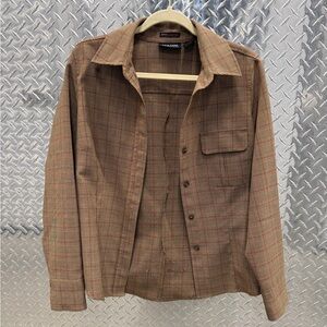New York & Company Tan Plaid Button-Down Shirt